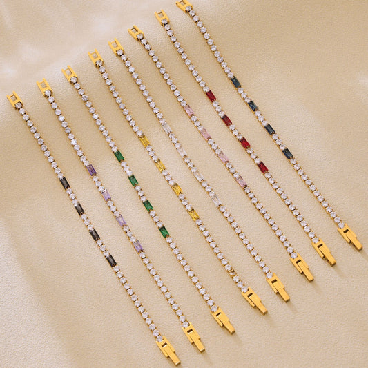 Kaze Rectangular &amp; Round Gemstone Luxury Bracelet | 18K Gold Bracelet in 8 Colour Variants
