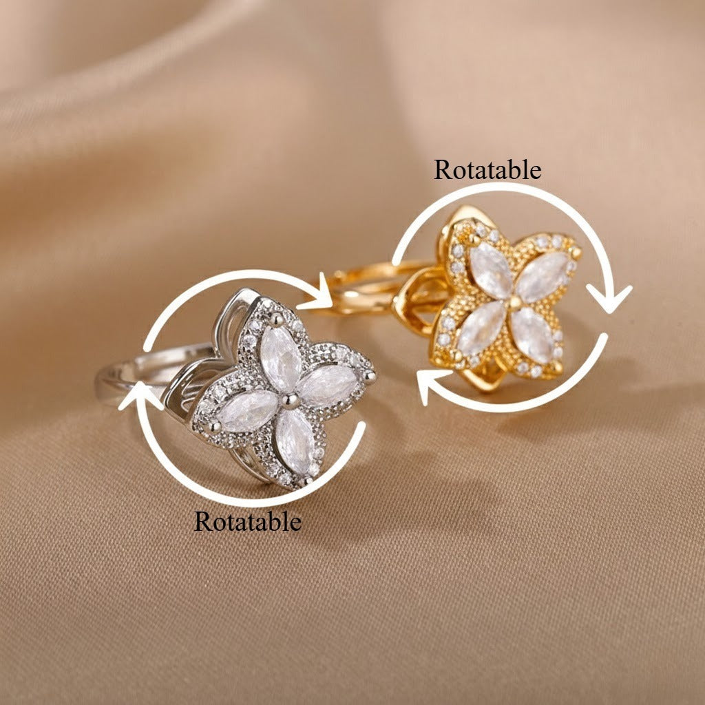 Kaze Rotatable Zircon Flower Stress-Relief Ring | 18K Gold Titanium Spinner Ring in 10 Styles Ring A Adjustable