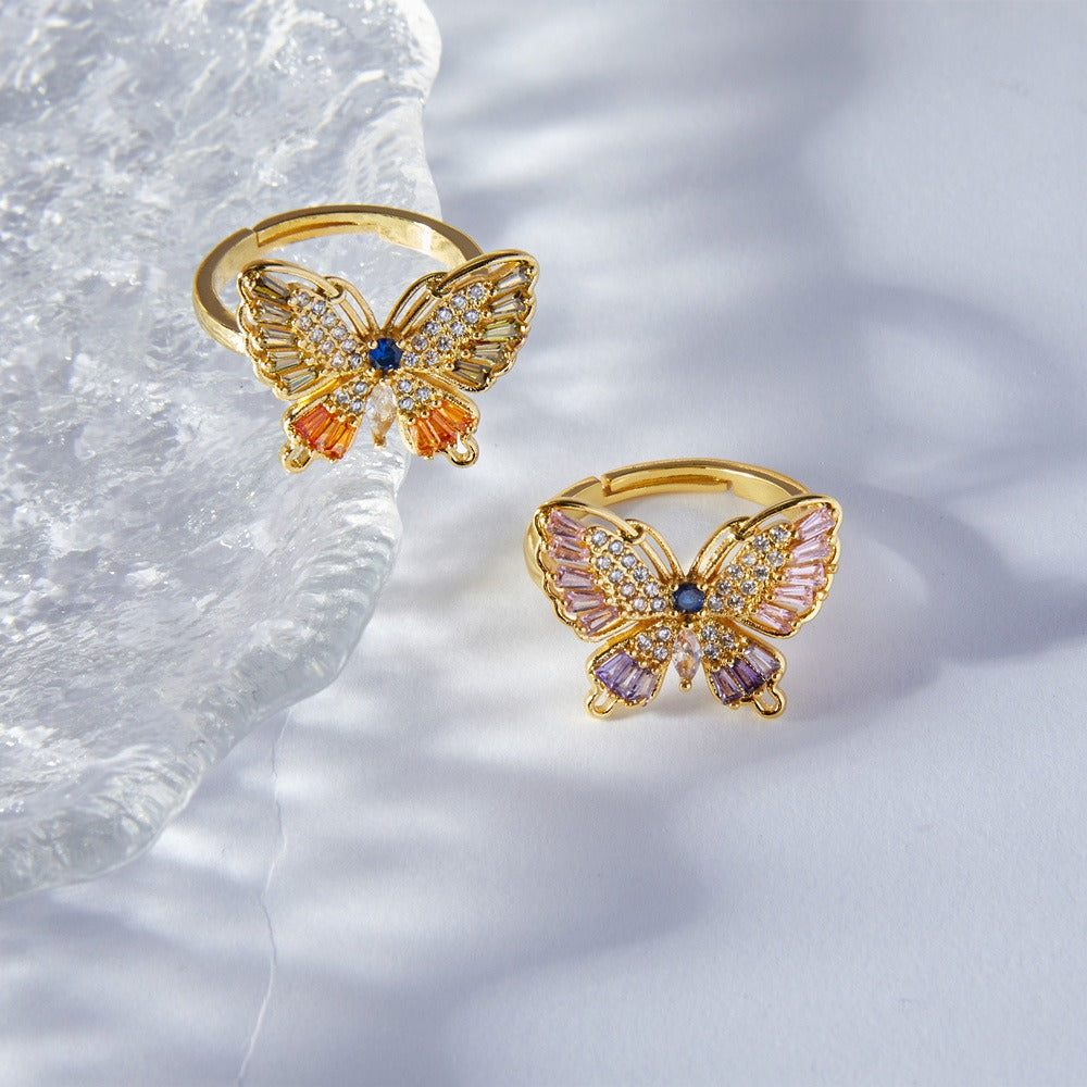 Kaze Butterfly Diamond Ring | 18K Gold Adjustable Ring in Orange &amp; Pink