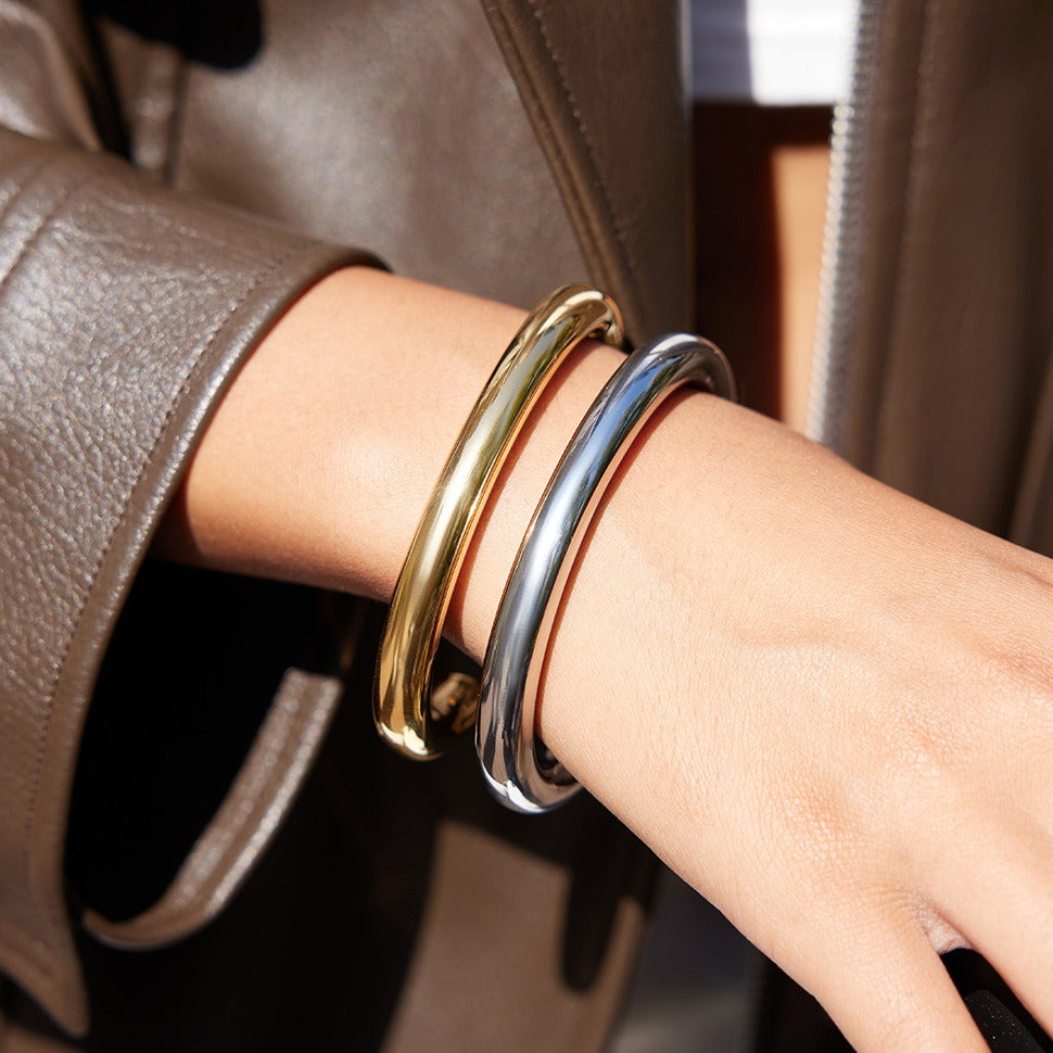 Kaze 18K Gold-Plated Open-Ended Titanium Steel Bracelet | S925 Silver Accent Bracelet in Gold &amp; Silver