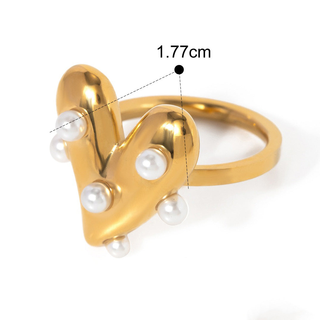 Kaze Exquisite Heart-Shaped Pearl Inlay Ring | 18K Gold Romantic Pearl Ring Size 7