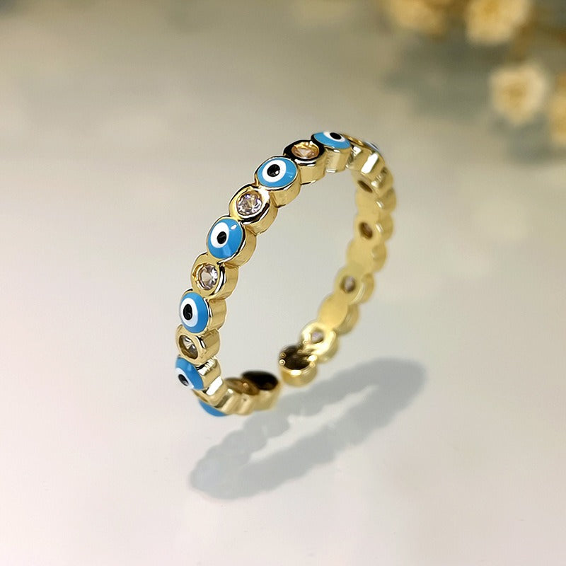 Kaze Exaggerated Eye Design Gemstone Open Ring | 18K Gold Oil-Drip Enamel Ring in 18 Variants Sky blue Adjustable