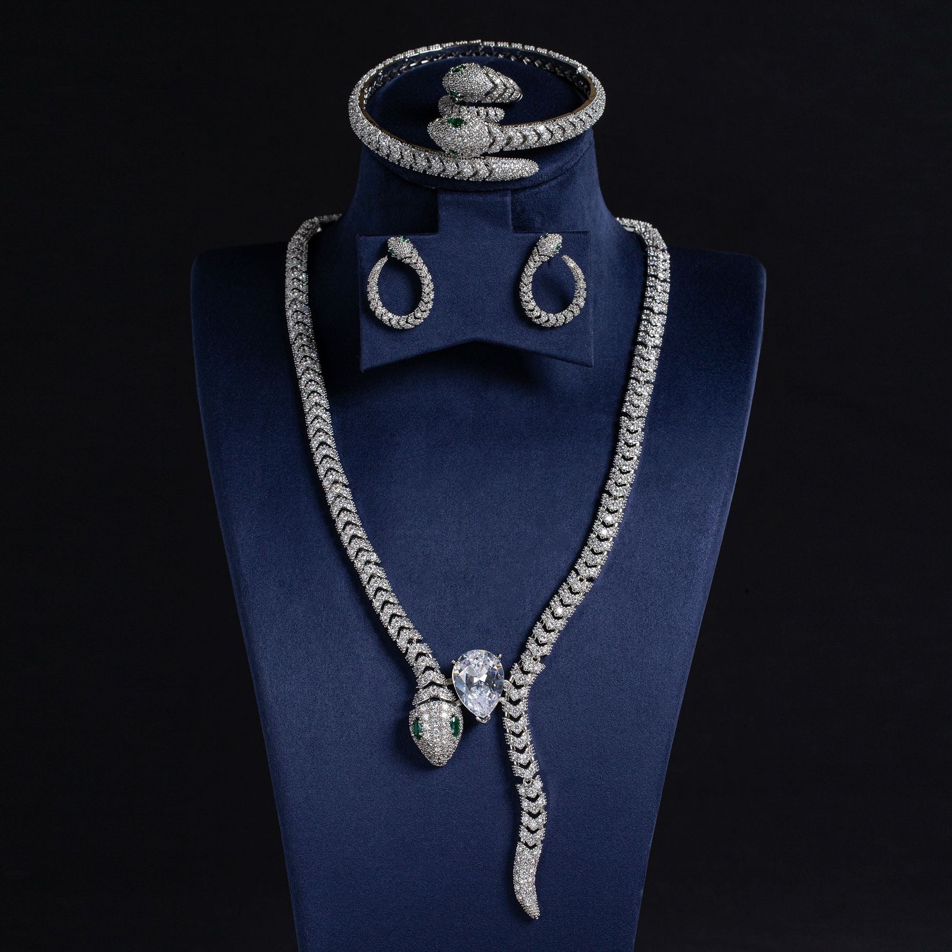 Kaze Retro Snake Motif Necklace Set | Titanium Steel Cubic Zirconia Serpent Necklace White on white