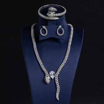 Kaze Retro Snake Motif Necklace Set | Titanium Steel Cubic Zirconia Serpent Necklace White on white
