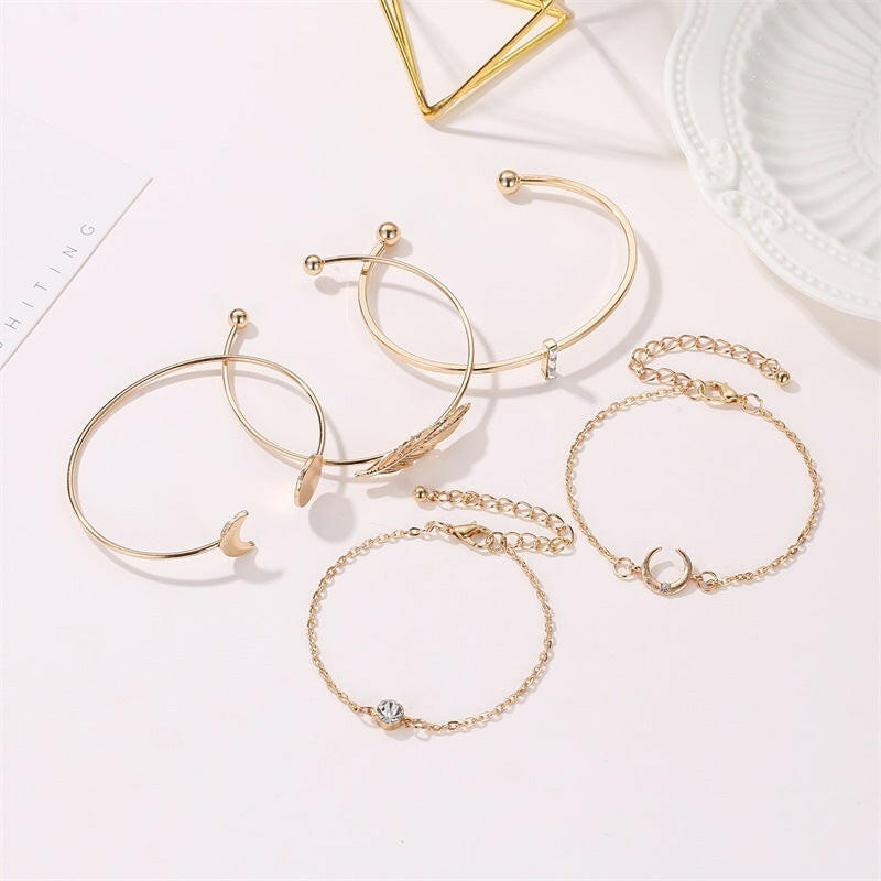 Kaze Five-Piece Boho Moon, Leaf and Crystal Bracelet Set | Gold-Tone Alloy Stacking Bracelet Set