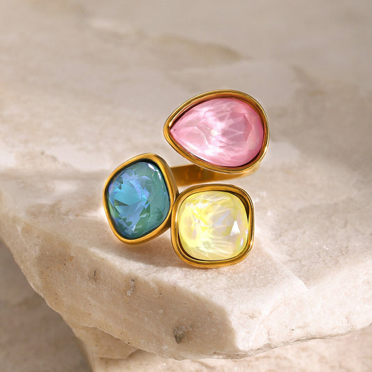 Kaze Light Luxury Noble Geometric Gemstone Open Ring | 18K Gold Inlaid Statement Ring