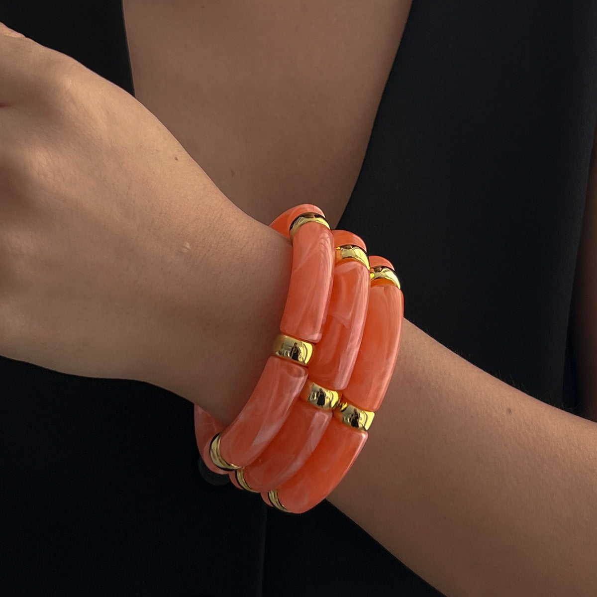 Kaze Light Luxury Beaded Bamboo Bracelet | 18K Gold-Plated S925 Silver Resin Bracelet in 8 Colours Color MixingD