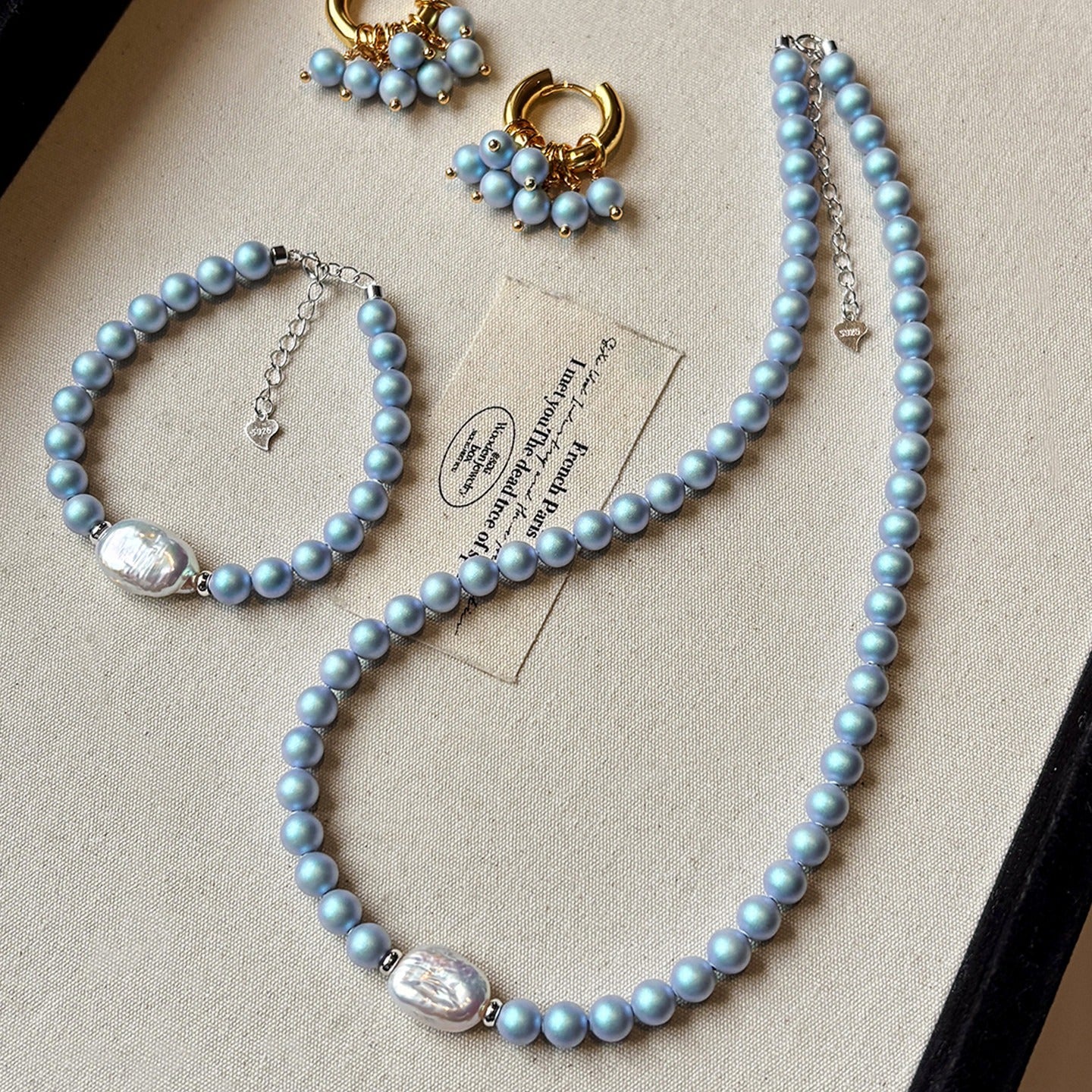 Kaze Iridescent Blue Pearl Jewellery Set | Freshwater Pearl Necklace, Bracelet &amp; Earrings