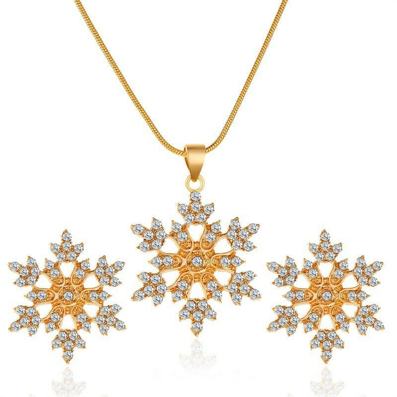 Kaze Rhinestone Snowflake Jewellery Set | Necklace, Earrings &amp; Ring in Gold &amp; Silver Gold