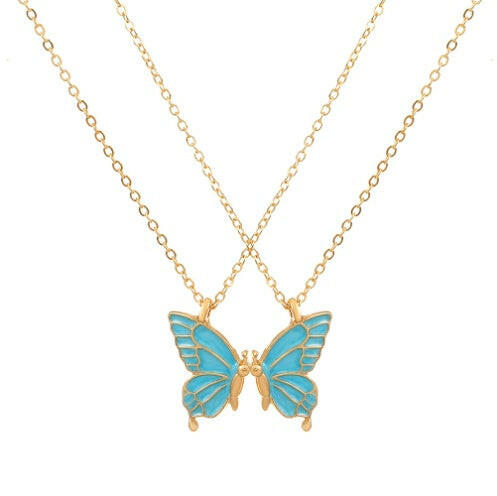 Kaze Geometric Butterfly Layered Necklace Set | Oil-Drip Enamel Pendant in 5 Colours Blue