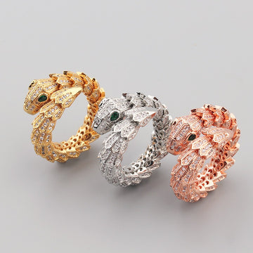 Kaze Snake-Shaped Gemstone Inlay Open Ring | 18K Gold Adjustable Serpent Ring in Gold, Silver &amp; Rose Gold