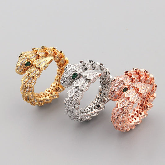 Kaze Snake-Shaped Gemstone Inlay Open Ring | 18K Gold Adjustable Serpent Ring in Gold, Silver &amp; Rose Gold