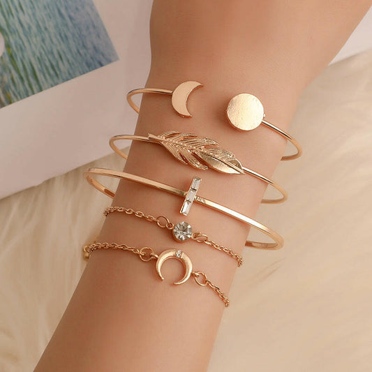 Kaze Five-Piece Boho Moon, Leaf and Crystal Bracelet Set | Gold-Tone Alloy Stacking Bracelet Set Gold