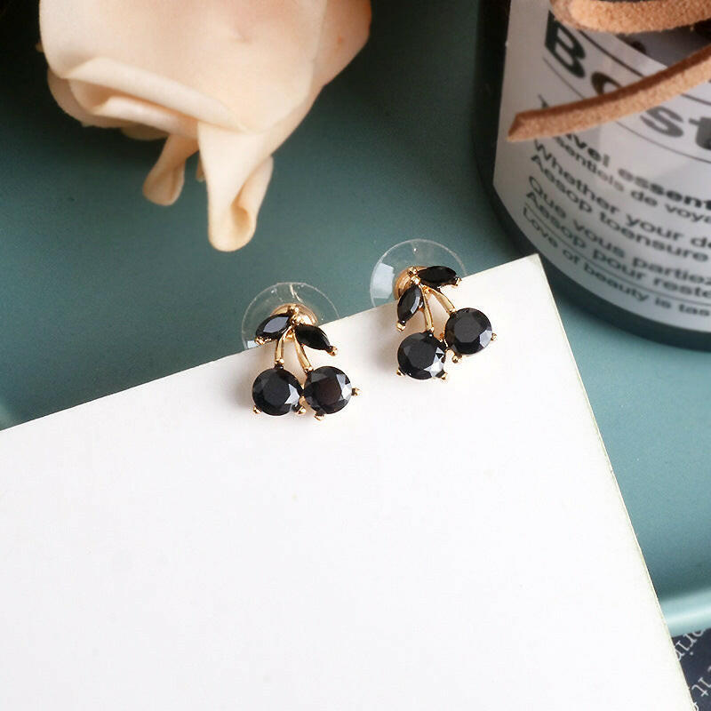 Kaze Cute Cherry Drop Earrings | Black Alloy Gemstone Charm Earrings for Women