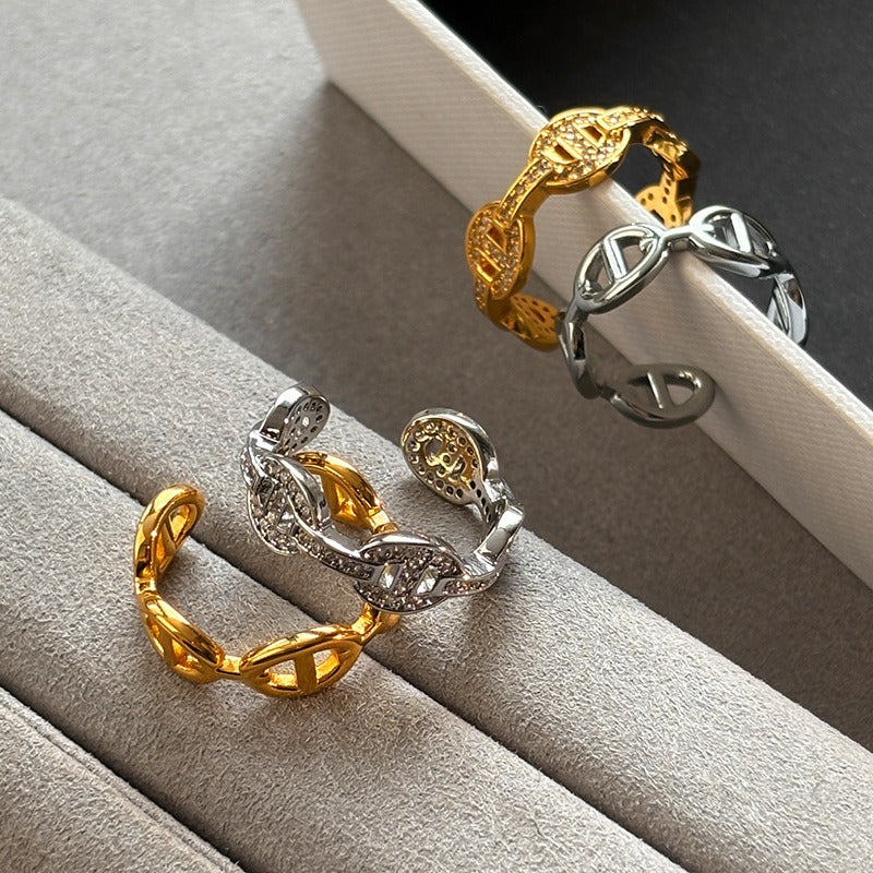 Kaze Pig Nose Rhinestone Open Adjustable Ring | 18K Gold S925 Silver Ring in Diamond &amp; Smooth Variants