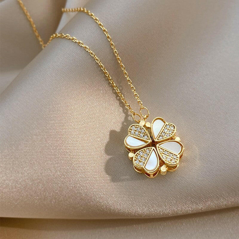 Kaze Four-Leaf Clover and Heart Pendant Necklace | Gold Titanium Steel Lucky Love Necklace Gold
