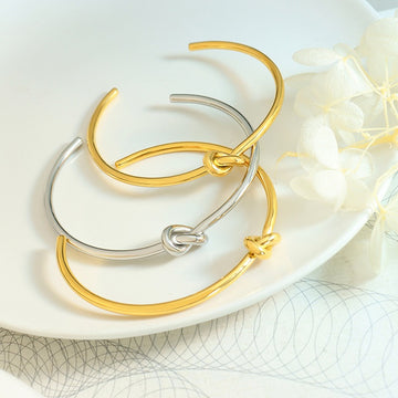 Kaze Line Sense Knot Open Bangle | 18K Gold Minimalist Bracelet in Thick &amp; Thin Variants