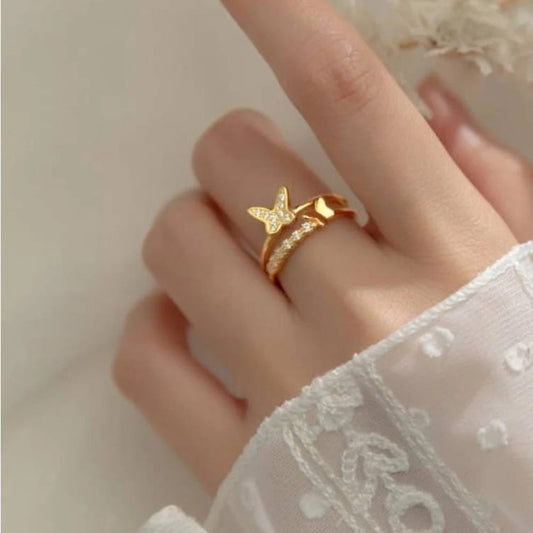 Kaze Double-Layer Butterfly Diamond Ring | 18K Gold Luxury Statement Ring