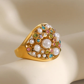 Kaze Classic Vintage Pearl and Diamond Ring | 18K Gold Retro Luxury Ring Size 7
