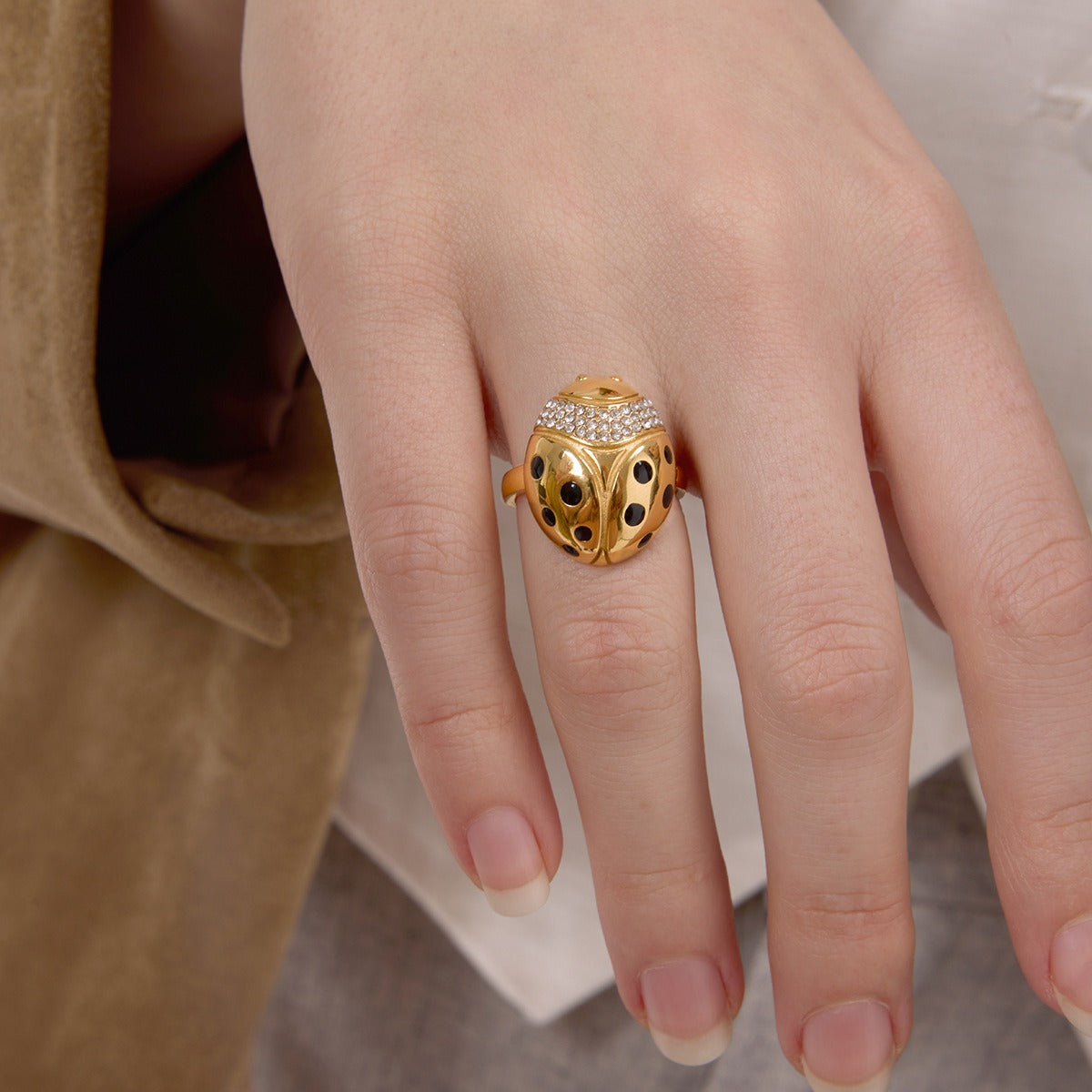 Kaze Ladybug Zircon Titanium Steel Ring | 18K Gold Lucky Charm Ring in Ring A, B &amp; C