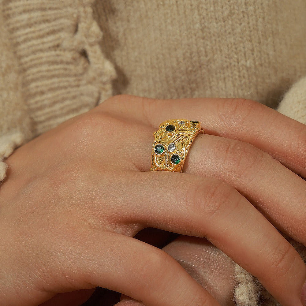 Kaze Retro Irregular Carved Zircon Open Ring | 18K Gold-Plated Stainless Steel Adjustable Ring