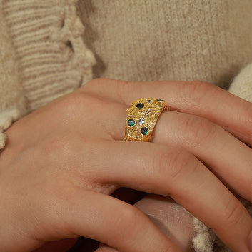 Kaze Retro Irregular Carved Zircon Open Ring | 18K Gold-Plated Stainless Steel Adjustable Ring