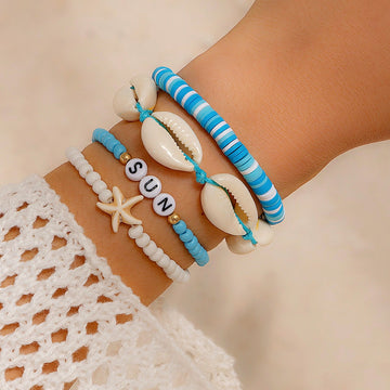 Kaze Beach Starfish Shell Rice Bead Bracelet Set | Bohemian Layered Bracelet in 4 &amp; 6 Piece Sets