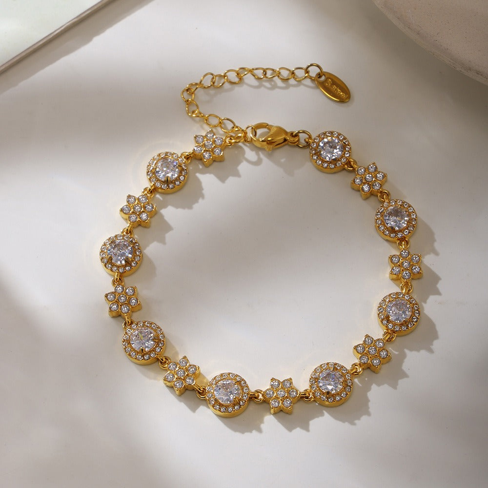 Kaze Six-Leaf Flower &amp; Circle Dazzling Bracelet | 18K Gold Floral Bracelet in Gold &amp; Silver