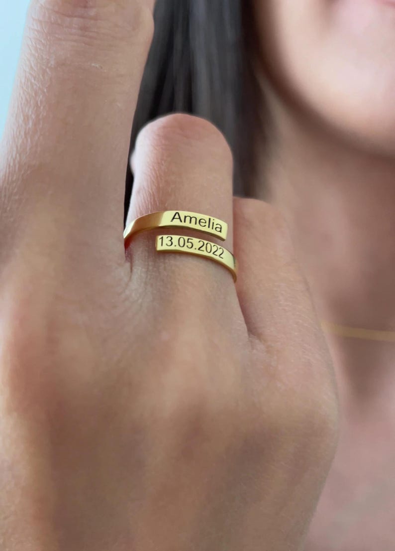 Kaze Customized Open Ring with Name and Date | Personalised Engraved Ring in Silver, Gold &amp; Rose Gold