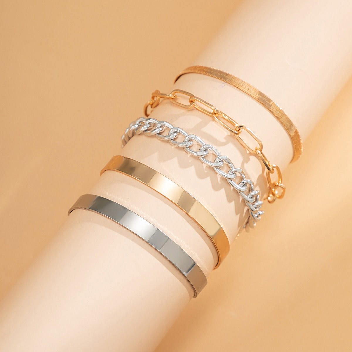 Kaze C-Shape Mixed Twist Chain Bangle | 18K Gold S925 Silver Open Bracelet in Gold &amp; Silver