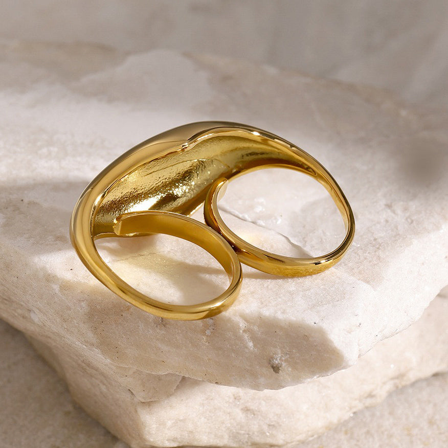 Kaze Chubby Geometric Two-Finger Design Ring | 18K Gold Bold Statement Ring in Gold &amp; Silver