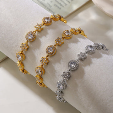 Kaze Six-Leaf Flower &amp; Circle Dazzling Bracelet | 18K Gold Floral Bracelet in Gold &amp; Silver
