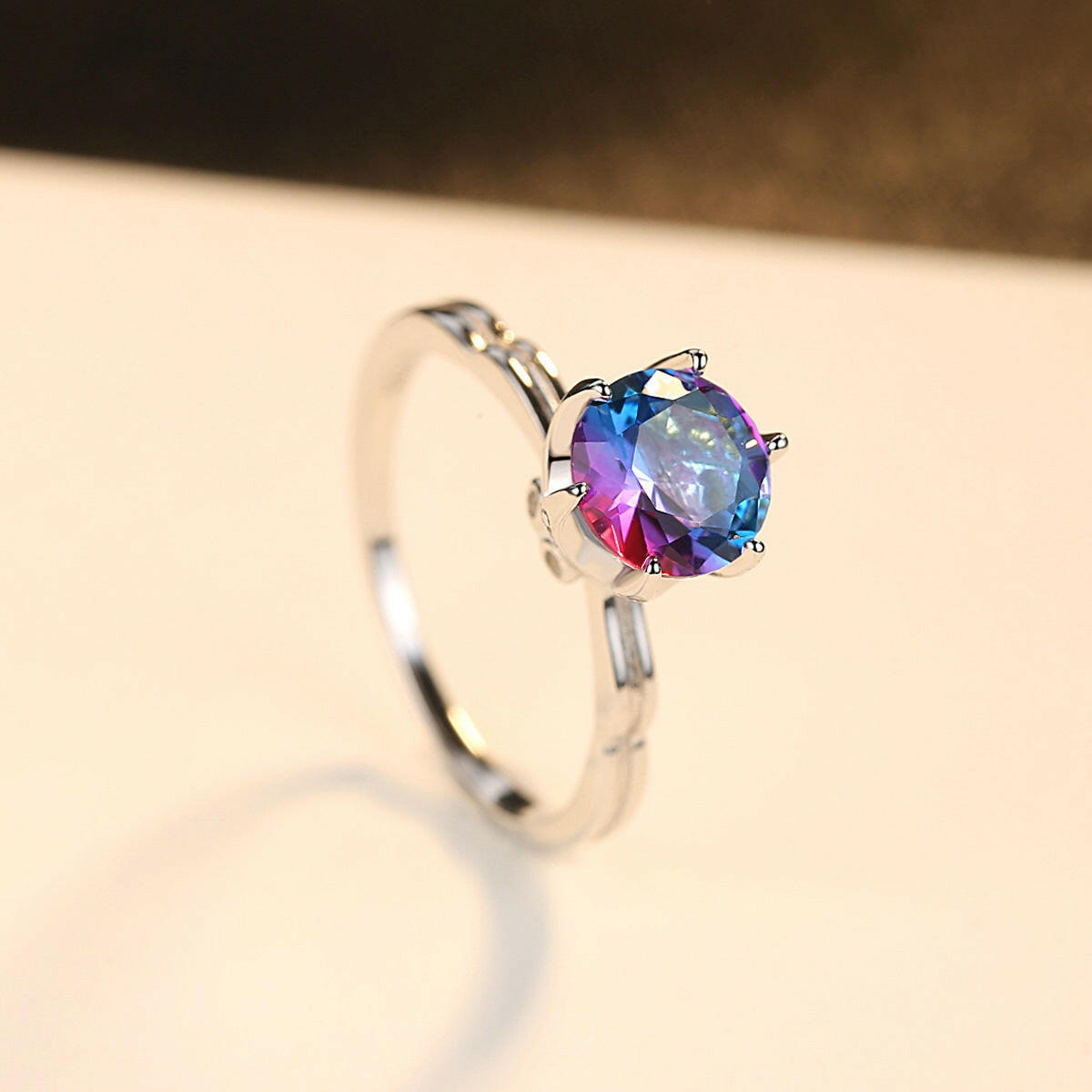 Kaze Rainbow Iridescent Gemstone Ring | Silver Geometric Ring in Sizes 6–9