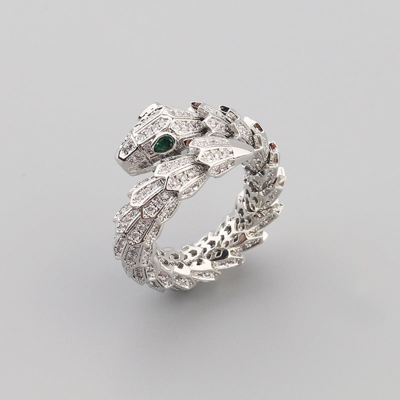 Kaze Snake-Shaped Gemstone Inlay Open Ring | 18K Gold Adjustable Serpent Ring in Gold, Silver &amp; Rose Gold