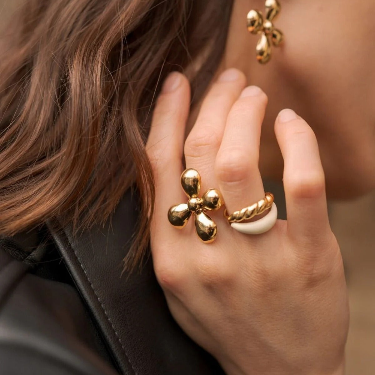 Kaze Light Luxury Titanium Steel Ring and Earring Collection | 18K Gold Ring A, B &amp; Earring Set