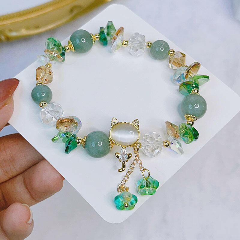 Kaze Crystal Cat Bracelet | Inlaid Crystal Fashion Bracelet for Cat Lovers Green
