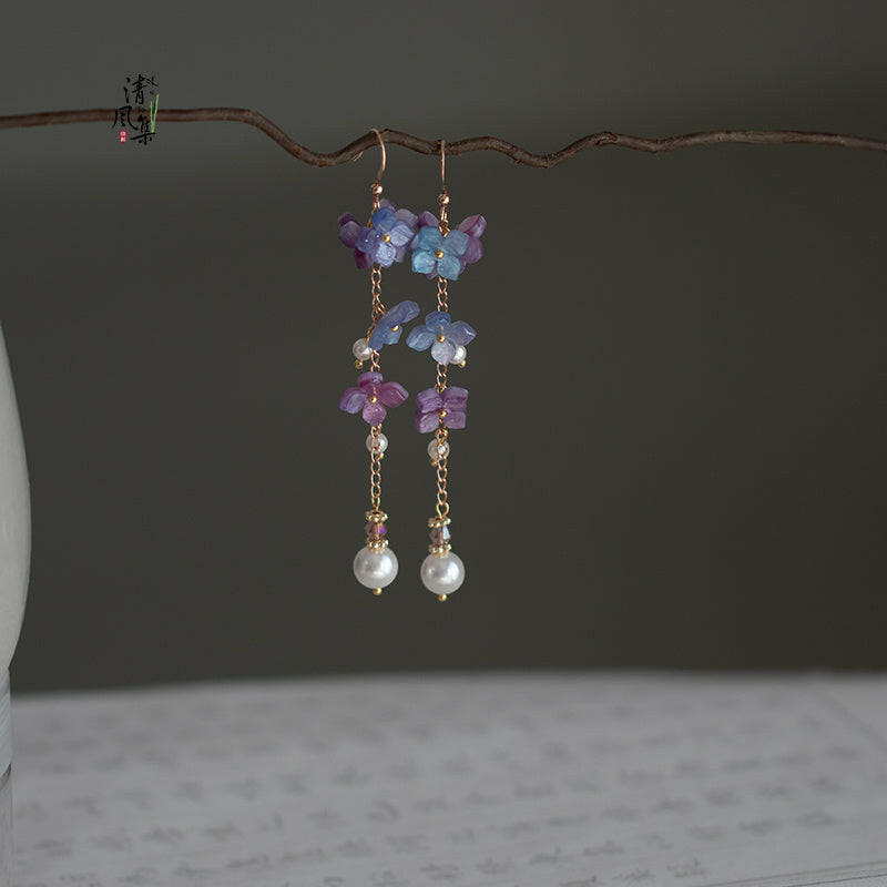 Kaze Cheongsam-Inspired Flower Tassel Earrings | Hydrangea Gold &amp; Silver Earrings in Hook &amp; Clip Styles Hydrangea