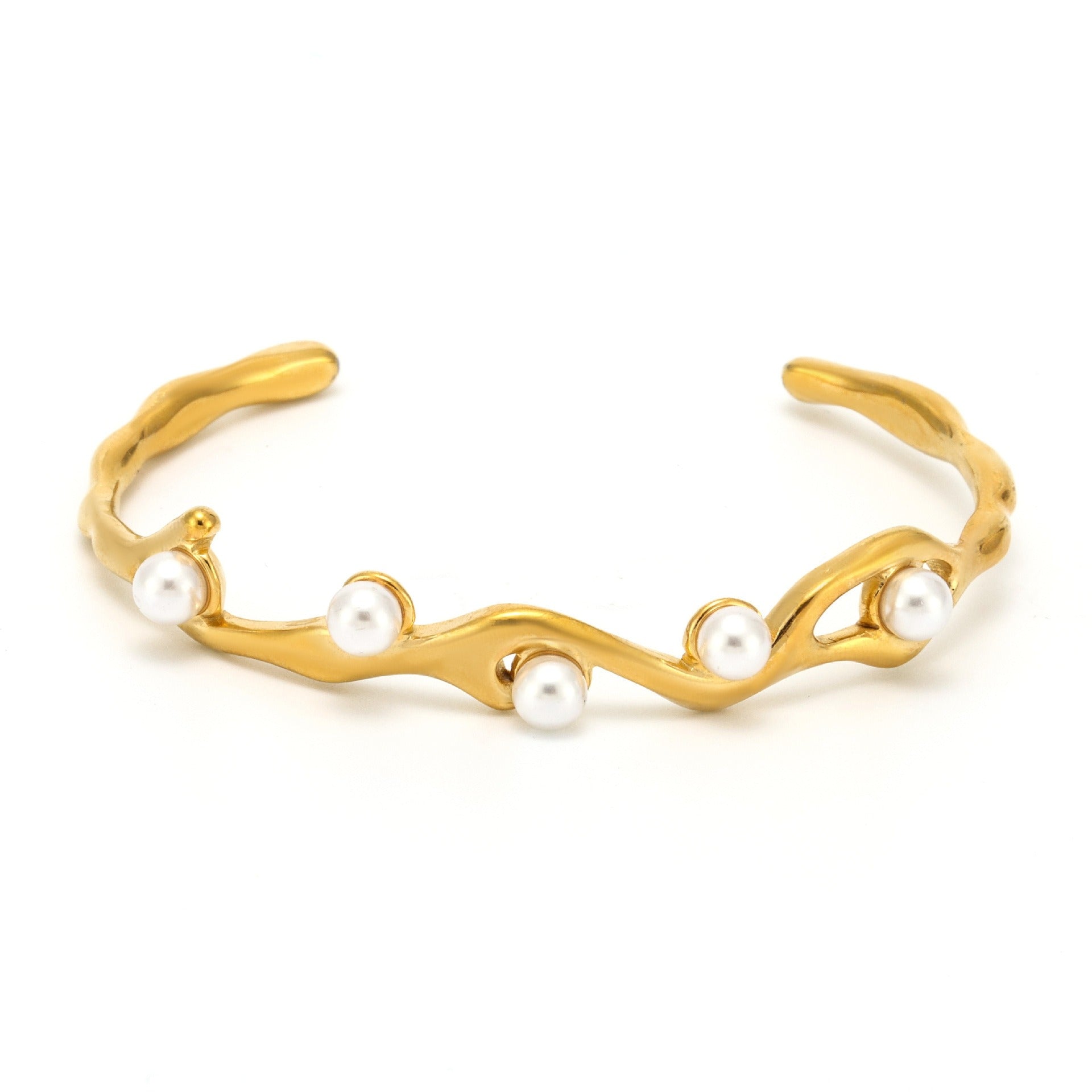 Kaze Irregular C-Shape Pearl Bangle | 18K Gold Pearl Inlaid Open Bracelet in Gold &amp; Silver