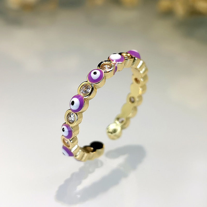 Kaze Exaggerated Eye Design Gemstone Open Ring | 18K Gold Oil-Drip Enamel Ring in 18 Variants Purple Adjustable