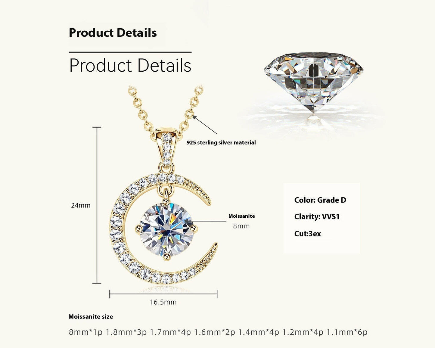 Kaze Minimalist S925 Crescent Moissanite Pendant Necklace | D-Color VVS1 Silver Necklace Gold 231 Karat