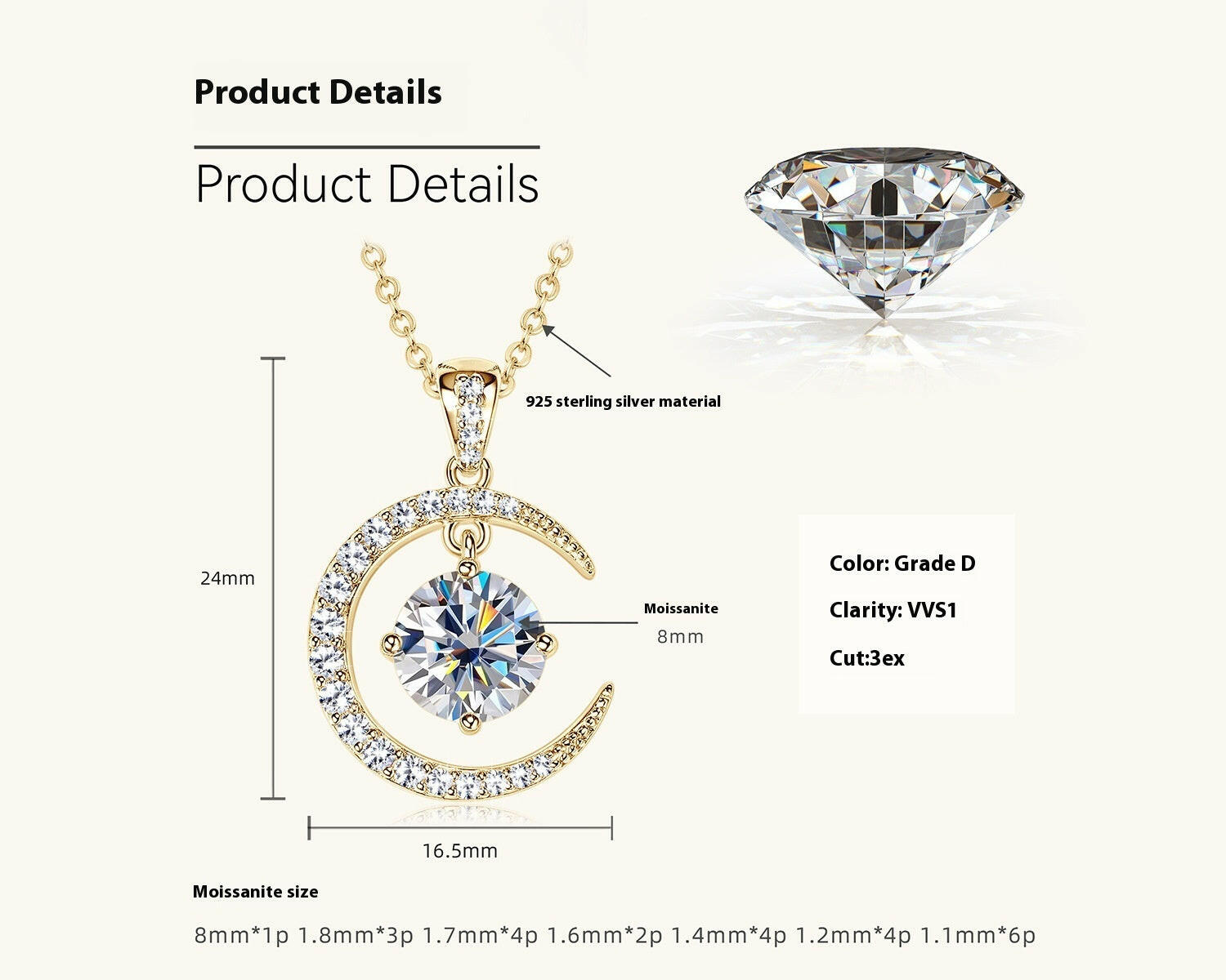 Kaze Minimalist S925 Crescent Moissanite Pendant Necklace | D-Color VVS1 Silver Necklace Gold 231 Karat