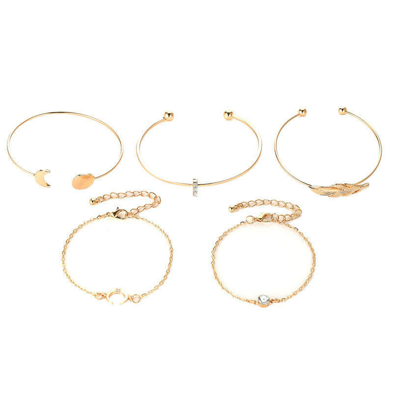 Kaze Five-Piece Boho Moon, Leaf and Crystal Bracelet Set | Gold-Tone Alloy Stacking Bracelet Set