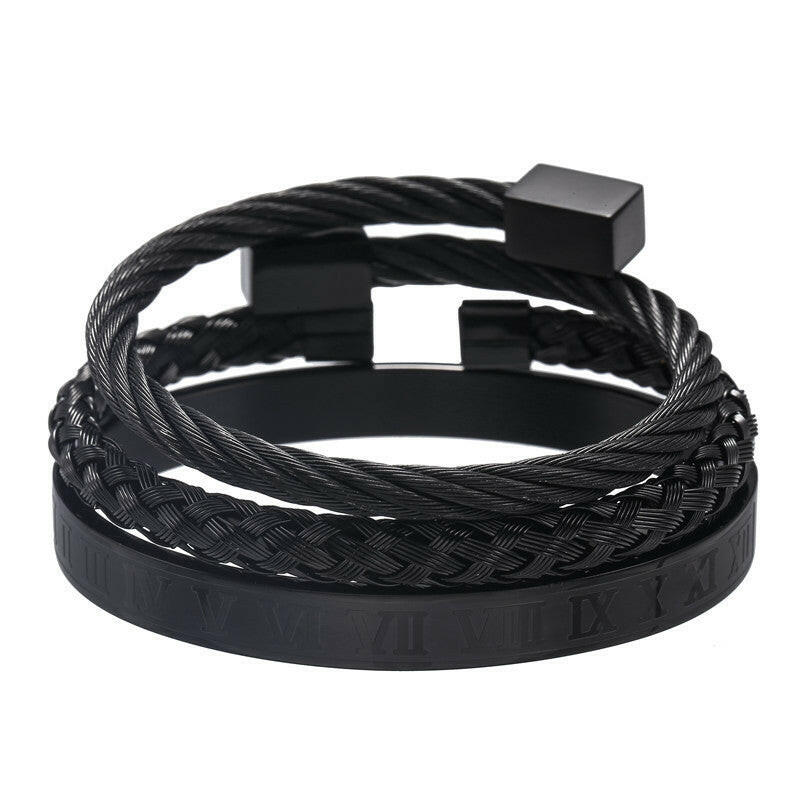 Kaze Set of 3 Unisex Geometric Stainless Steel Bracelets | Gold, Silver &amp; Black Stacking Bracelet Set Black