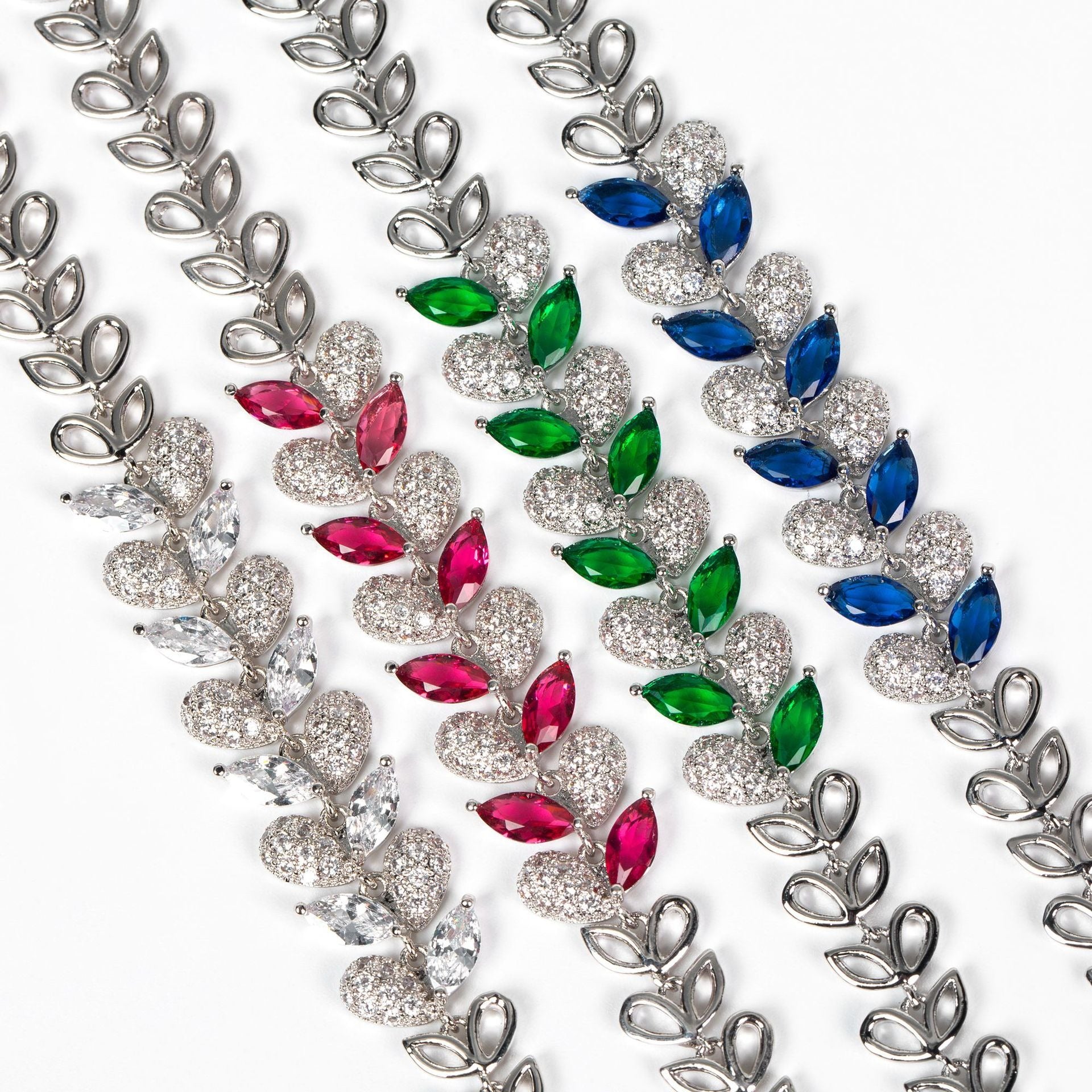 S925 Sterling Silver Micro-Pavé Zirconia Leaf and Fishtail Link Chain Bracelet
