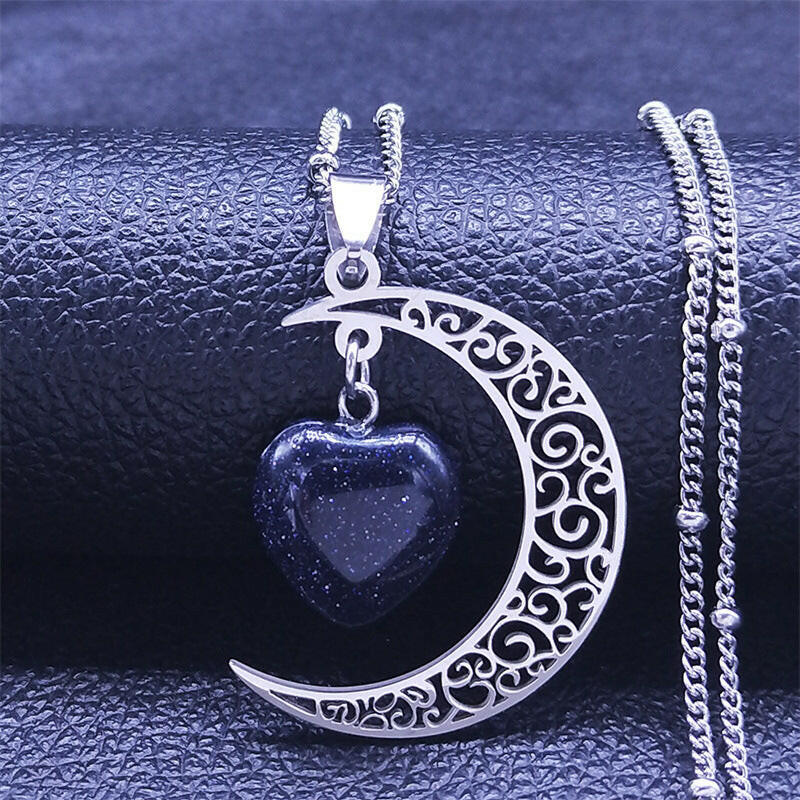 Kaze Vintage Moon and Heart Natural Stone Necklace | Stainless Steel Celestial Pendant Silver 50CM