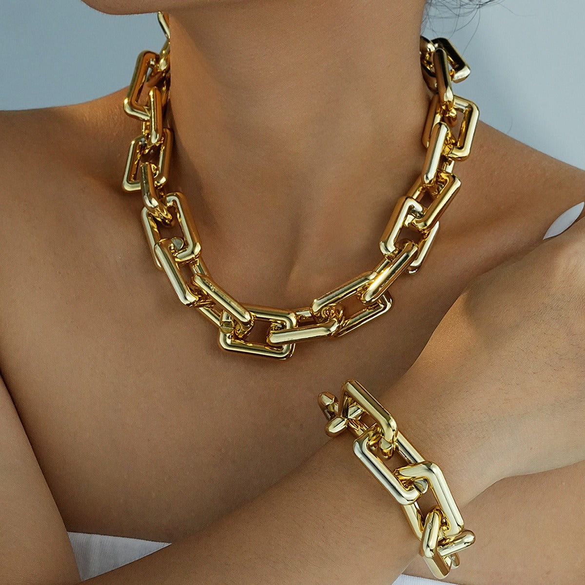 Kaze Geometric Rectangular Chunky Chain Bracelet and Necklace Set | 18K Gold S925 Silver in Gold &amp; Silver Gold