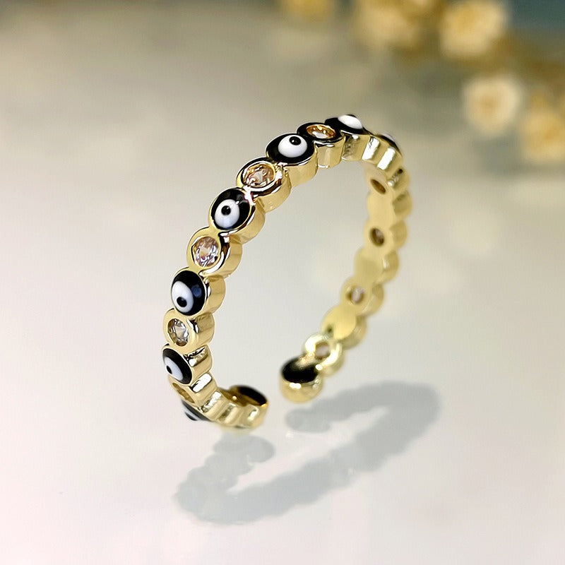 Kaze Exaggerated Eye Design Gemstone Open Ring | 18K Gold Oil-Drip Enamel Ring in 18 Variants Black Adjustable