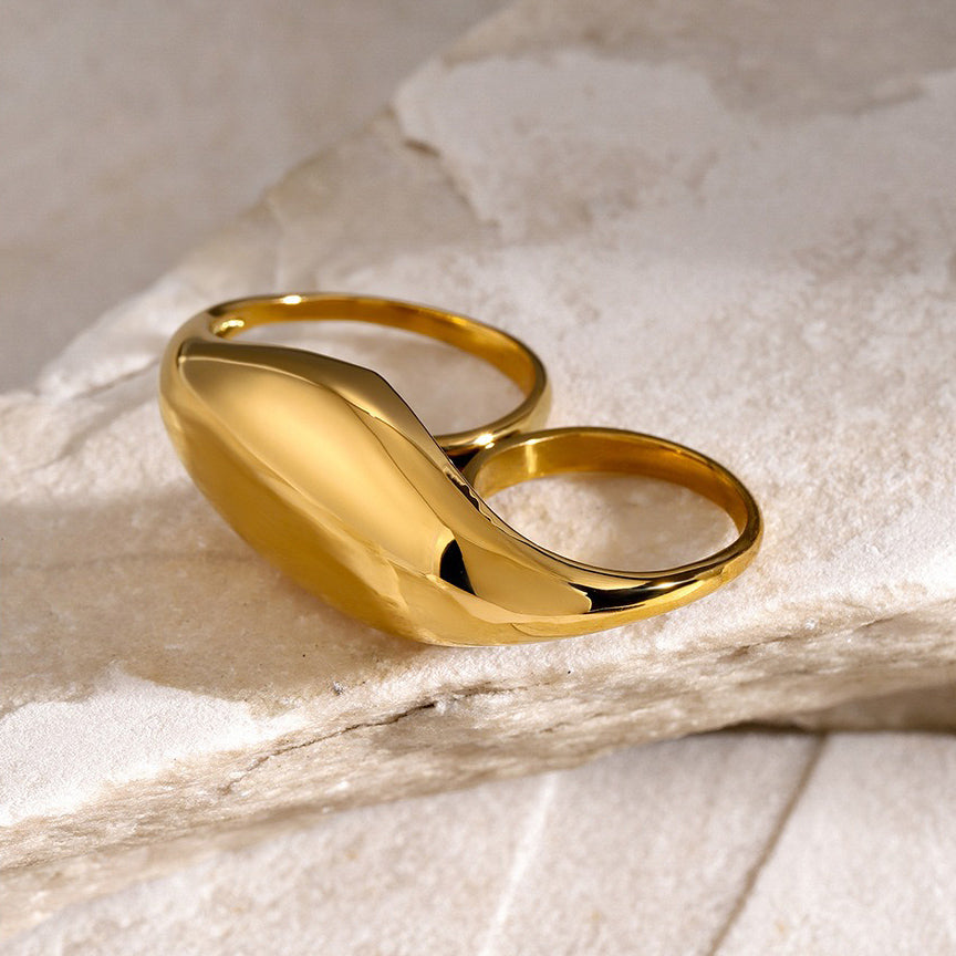 Kaze Chubby Geometric Two-Finger Design Ring | 18K Gold Bold Statement Ring in Gold &amp; Silver