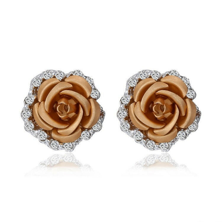 Kaze Rose Flower Ear Clip Earrings | Korean-Style Geometric Diamond Earrings in 9 Colours Gold