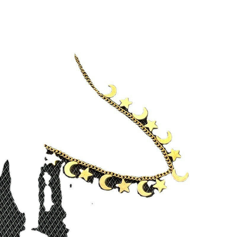 Kaze Luxury Retro Star and Moon Tassel Necklace | Titanium Steel Gold Inlay Celestial Pendant